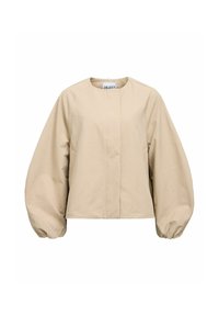 Veste beige à manches longues avec manches ballon surdimensionnées, col rond et fermeture à boutons sur le devant, étiquetée "OBJECT" à l'intérieur du col.