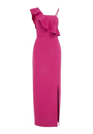 Rochie midi fucsia cu detaliu asimetric de volan pe umărul stâng, ajustată pe corp și cu slit lateral pentru un plus de liberate în mișcare.