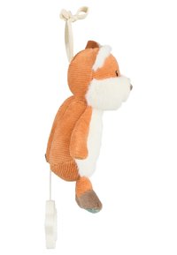 Orange plush fox toy with a white belly, corduroy texture, and a hanging loop. Features brown feet and black stitched eyes.