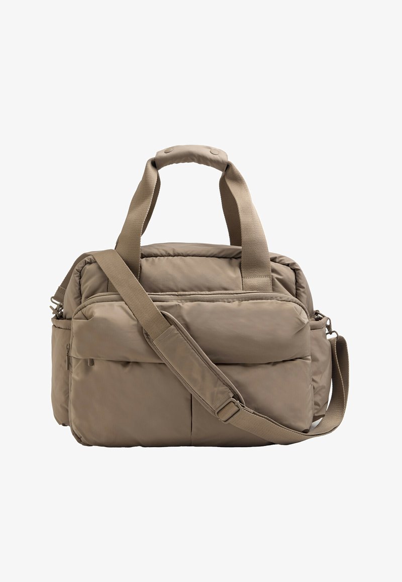 Borsa a sacco imbottita beige con doppi manici, tasca con cerniera frontale, scomparti laterali e tracolla regolabile con imbottitura.