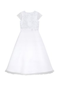 Weißes Kleid mit einem Spitzenoberteil mit kurzen Ärmeln, floralen Akzenten an der Taille und einem ausgestellten Rock mit transparentem Saum.