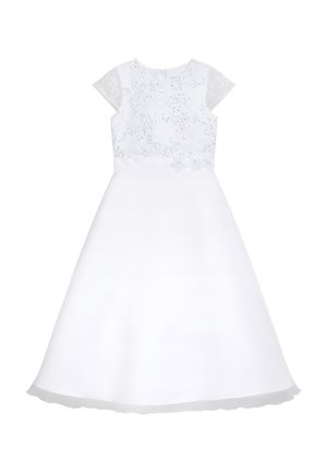 Weißes Kleid mit einem Spitzenoberteil mit kurzen Ärmeln, floralen Akzenten an der Taille und einem ausgestellten Rock mit transparentem Saum.