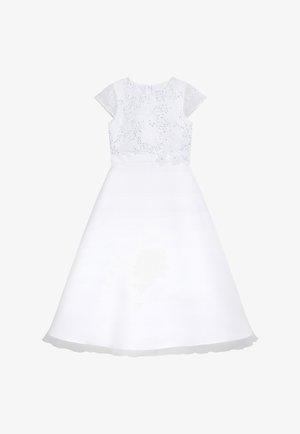 Weißes Kleid mit einem Spitzenoberteil mit kurzen Ärmeln, floralen Akzenten an der Taille und einem ausgestellten Rock mit transparentem Saum.