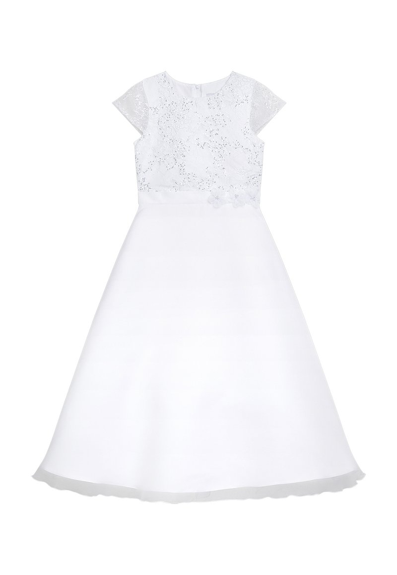 Weißes Kleid mit einem Spitzenoberteil mit kurzen Ärmeln, floralen Akzenten an der Taille und einem ausgestellten Rock mit transparentem Saum.