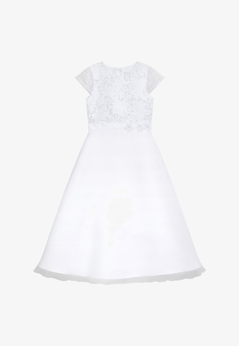 Weißes Kleid mit einem Spitzenoberteil mit kurzen Ärmeln, floralen Akzenten an der Taille und einem ausgestellten Rock mit transparentem Saum.