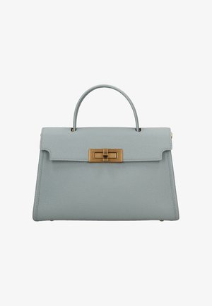 Hellgraue, strukturierte Lederhandtasche mit gebogenem oberen Griff und goldenem rechteckigem Drehverschluss an der vorderen Klappe.