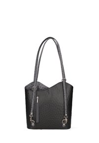 Borsa a spalla in pelle sintetica nera con texture a rilievo, parte superiore curva, due manici e una tasca con zip sul davanti.