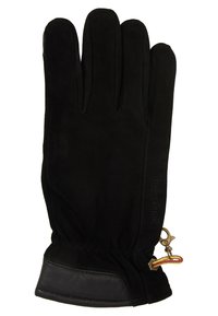 Guanto in pelle nera con finitura in suede morbido, dotato di cinque dita, polsino elastico e un clip metallico decorativo con cordino colorato.