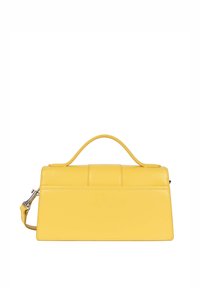 Borsa a tracolla gialla in pelle con un design strutturato, manico superiore e tracolla removibile. Texture liscia con dettagli di cucitura minimi.