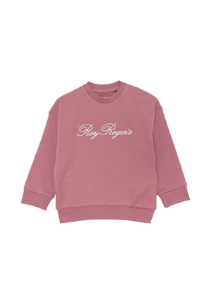 Felpa rosa con maniche lunghe, scollatura rotonda e bottoni a pressione sulla spalla. Presenta il testo ricamato bianco "Roy Roger's". Texture morbida.