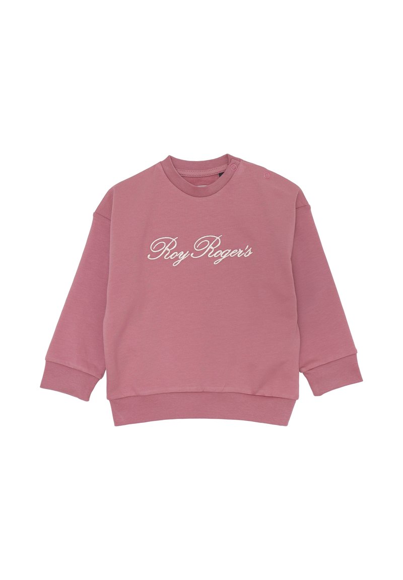 Felpa rosa con maniche lunghe, scollatura rotonda e bottoni a pressione sulla spalla. Presenta il testo ricamato bianco "Roy Roger's". Texture morbida.