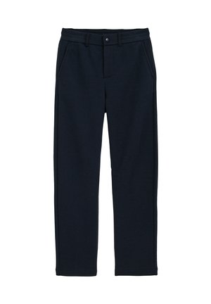 Pantalon bleu marine en tissu texturé ; doté d'une fermeture à boutons sur le devant, de deux poches avant et d'une coupe droite.