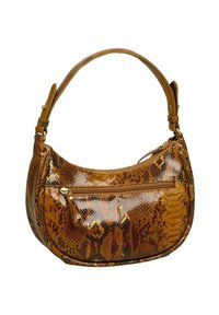 Petit sac à main marron avec un motif en simili-cuir serpent brillant, une poche zippée à l'avant et une courte bandoulière réglable.