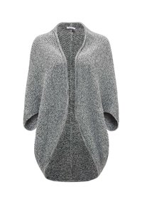 Szary, dziergany kardigan z otwartym przodem, szerokimi rękawami i teksturowanym wzorem. Lekki i luźny krój, odpowiedni do warstwowego noszenia.