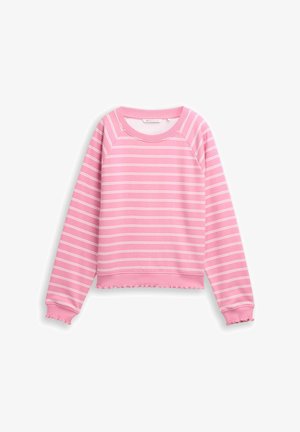 Pink long-sleeve sweatshirt with white horizontal stripes, ribbed collar, cuffs, and ruffled hem detail.