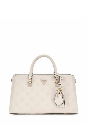 Borsa sintetica rosa chiaro con motivo a logo in rilievo, manici superiori doppi, dettagli in oro e un charm rimovibile con particolare logo.