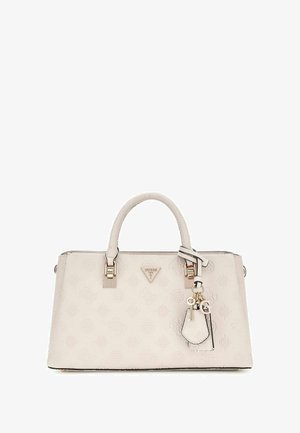 Borsa sintetica rosa chiaro con motivo a logo in rilievo, manici superiori doppi, dettagli in oro e un charm rimovibile con particolare logo.