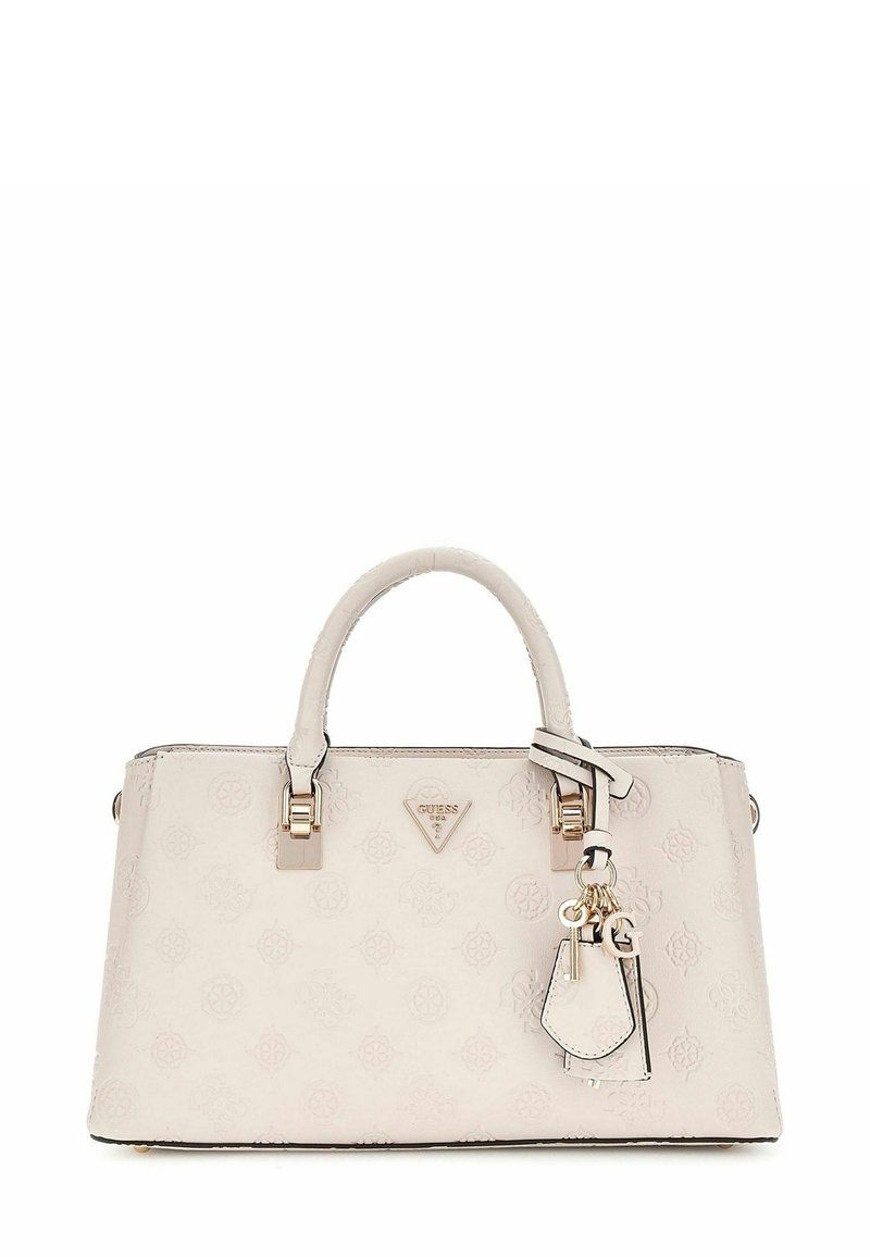 Borsa sintetica rosa chiaro con motivo a logo in rilievo, manici superiori doppi, dettagli in oro e un charm rimovibile con particolare logo.