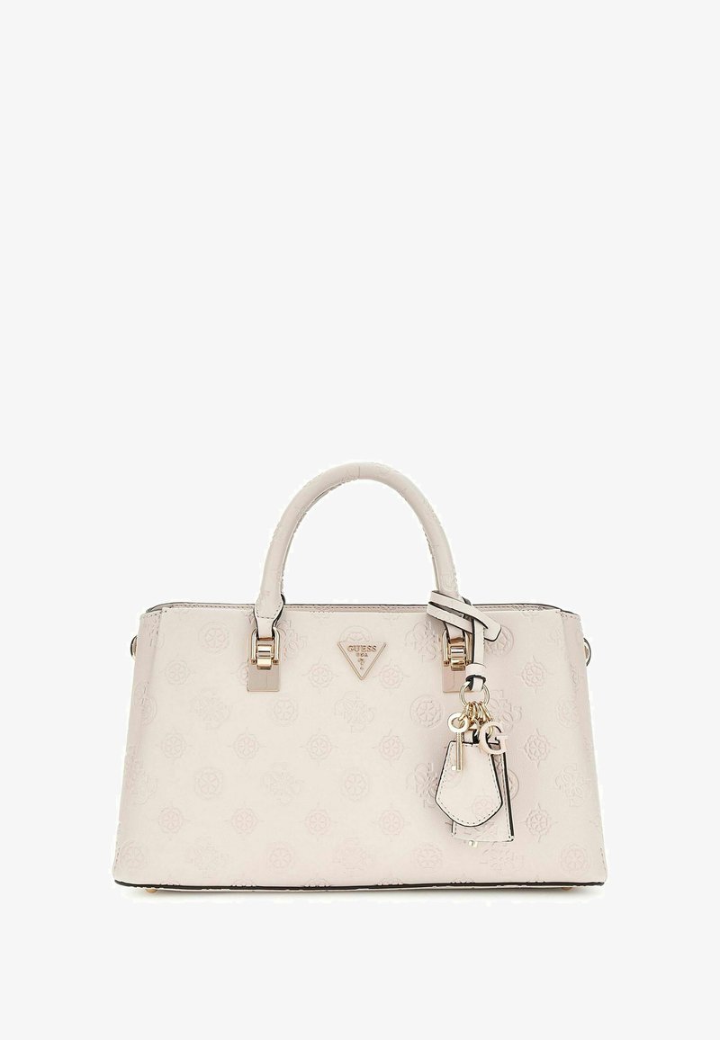 Borsa sintetica rosa chiaro con motivo a logo in rilievo, manici superiori doppi, dettagli in oro e un charm rimovibile con particolare logo.