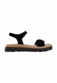 Black suede sandal with cork sole and black rubber outsole. Features three wide straps and an adjustable ankle band for secure fit.