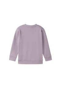 Felpa viola chiaro, maniche lunghe, collo rotondo a giro, polsini e orlo a costine, texture liscia, design semplice senza motivi o accenti visibili.