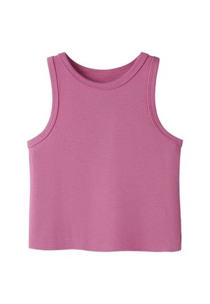 Top court sans manches en maille côtelée de couleur mauve uni, avec col rond et larges emmanchures, conçu pour un usage décontracté.