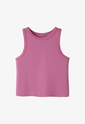 Top court sans manches en maille côtelée de couleur mauve uni, avec col rond et larges emmanchures, conçu pour un usage décontracté.