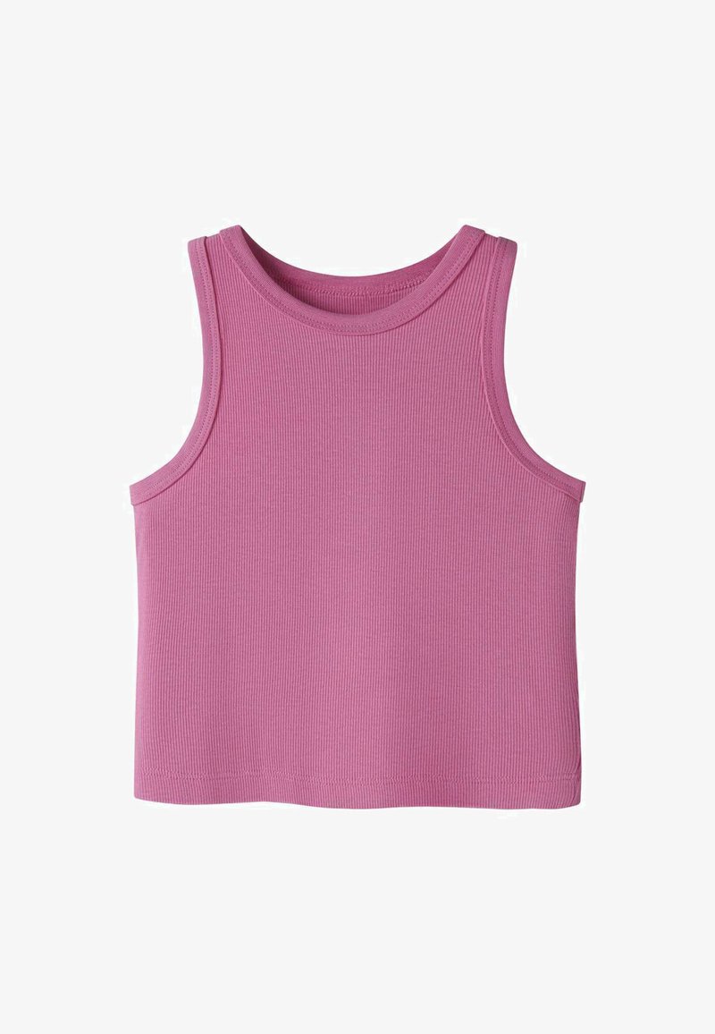 Top court sans manches en maille côtelée de couleur mauve uni, avec col rond et larges emmanchures, conçu pour un usage décontracté.