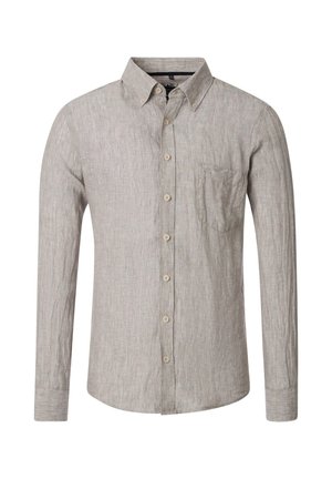 Light gray long-sleeve shirt made of textured fabric, featuring a button-down collar, front pocket, and buttons down the front.