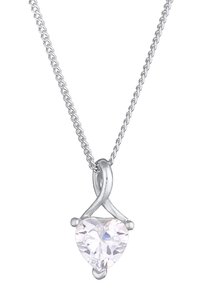 Sølv kæd necklace med en hjerteformet, lyserød ædelsten vedhæng, sikret med en glat, snoet metalindstilling.