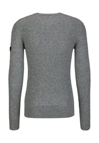 Grijze geribde trui met lange mouwen, voorzien van een ronde hals en een klein logo-opdruk op de linker mouw. Zachte gebreide textuur.