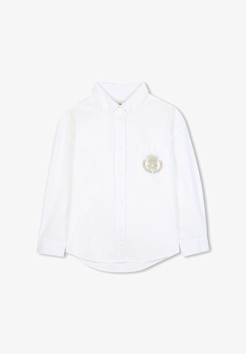 Camicia bianca a maniche lunghe in cotone, con colletto a punta e taschino sul petto sinistro con un motivo ricamato.