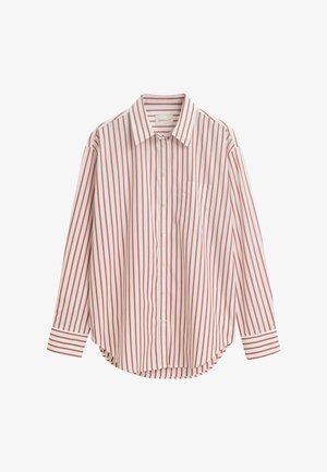 Weißes Hemd mit roten vertikalen Streifen. Verfügt über einen Kragen, lange Ärmel, einen abgerundeten Saum und eine Brusttasche. Weicher Stoff.