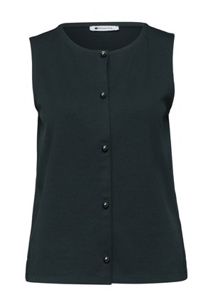 Schwarze ärmellose Bluse mit rundem Ausschnitt und fünf Knöpfen vorne, Marke Street One.
