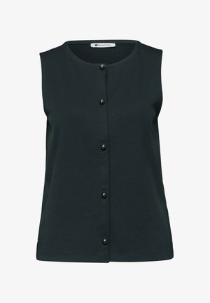 Schwarze ärmellose Bluse mit rundem Ausschnitt und fünf Knöpfen vorne, Marke Street One.