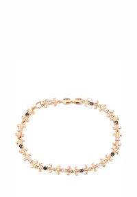Bracciale in oro rosa con anelli ornati e attorcigliati, arricchiti da dettagli in cristallo nero e trasparente. Texture liscia con chiusura a moschettone sicura.