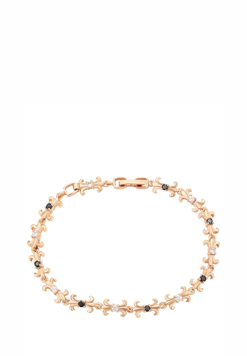 Bracciale in oro rosa con anelli ornati e attorcigliati, arricchiti da dettagli in cristallo nero e trasparente. Texture liscia con chiusura a moschettone sicura.