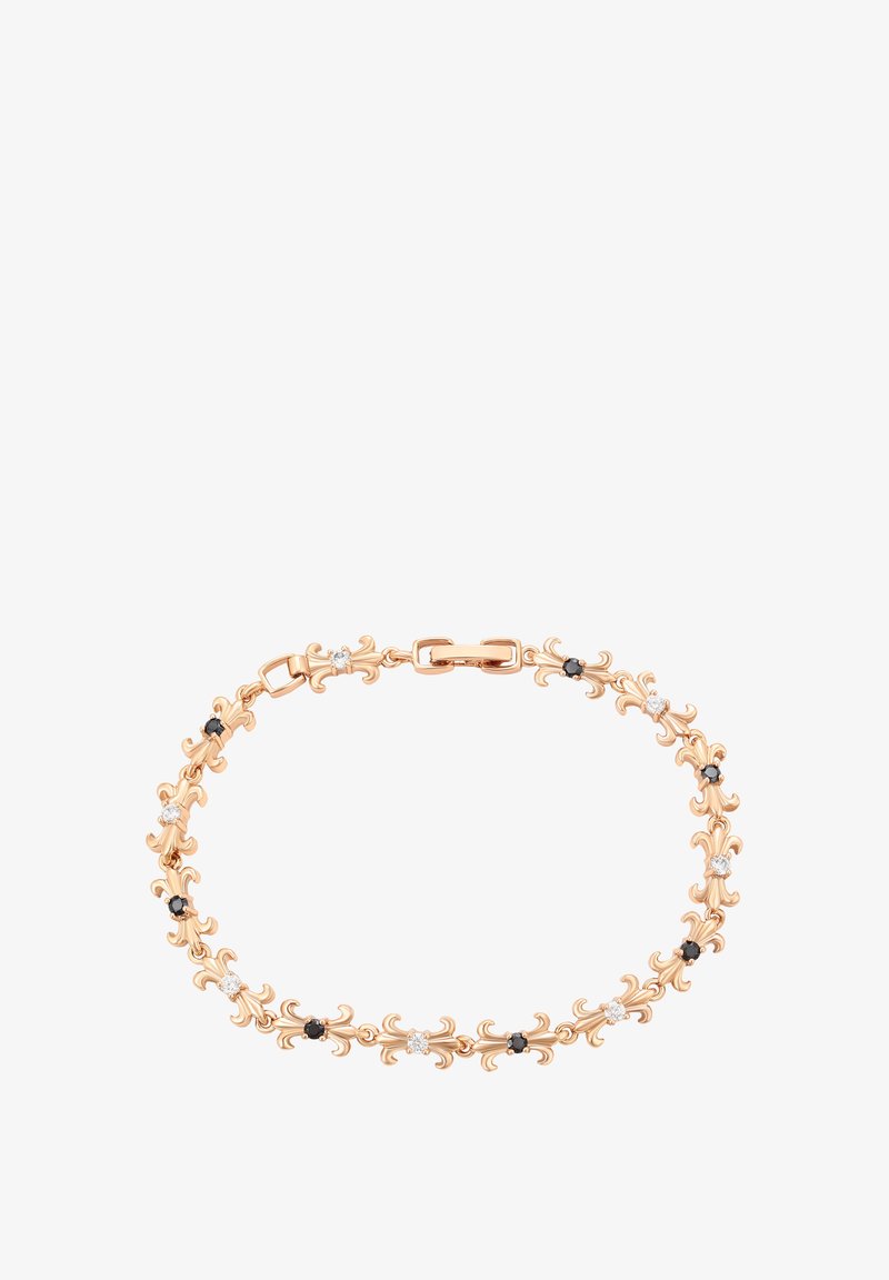 Rózsaarany karkötő, díszes, kanyargós láncszemekkel, fekete és átlátszó kristálydíszekkel. Simaság jellemzi, és biztos záródású csattal rendelkezik.