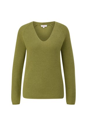 Groene gebreide trui met lange mouwen, V-hals, ribbelstructuur en zijnaaddetails. Machinewasbare stof, casual ontwerp.