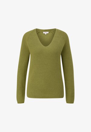 Groene gebreide trui met lange mouwen, V-hals, ribbelstructuur en zijnaaddetails. Machinewasbare stof, casual ontwerp.