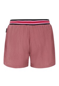 Shorts in een gestructureerde, stoffige rozenkleurige stof met een elastische tailleband, voorzien van zwarte, roze en lichtroze strepen.