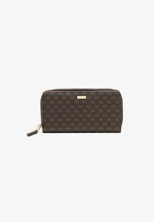 Brown zippered wallet with an embossed pattern of alternating "M" shapes and gold-tone hardware. Smooth texture with a slim rectangular shape.