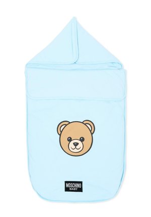 Sacco nanna azzurro chiaro per neonati con cappuccio, con volto di orsetto e toppa con logo Moschino Baby nella parte inferiore.