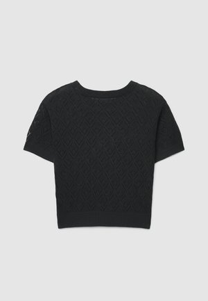 Top court noir en maille avec un motif en losange, manches courtes et encolure ronde. Texture lisse avec une coupe ajustée.