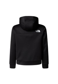 Čierna mikina s kapucňou s hladkou textúrou, ktorá má na hornej časti chrbta biely logotyp. Dizajn zahŕňa klokanie vrecko a rebrované manžety.