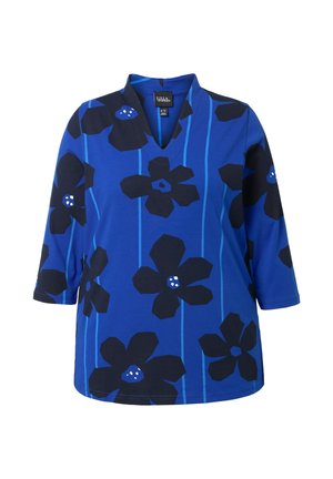 Sininen yläosa, jossa V-aukko ja kolme neljäsosaa hihaa. Musta kukkakuosi, jossa on sinisiä vivahteita ja pystysuoria raitoja sinisellä taustalla.