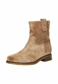 Wildleder-Stiefelette in Hellbraun mit glatter Textur, runder Zehenpartie, kurzem Schaft und niedrigem Absatz; verfügt über eine seitliche Ziehlasche und Nähakzenten.