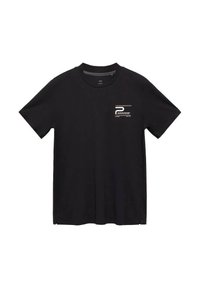 T-shirt nero in cotone con maniche corte e scollatura rotonda. Presenta un piccolo logo stampato sull'area del petto sinistro. Design semplice e basilare.