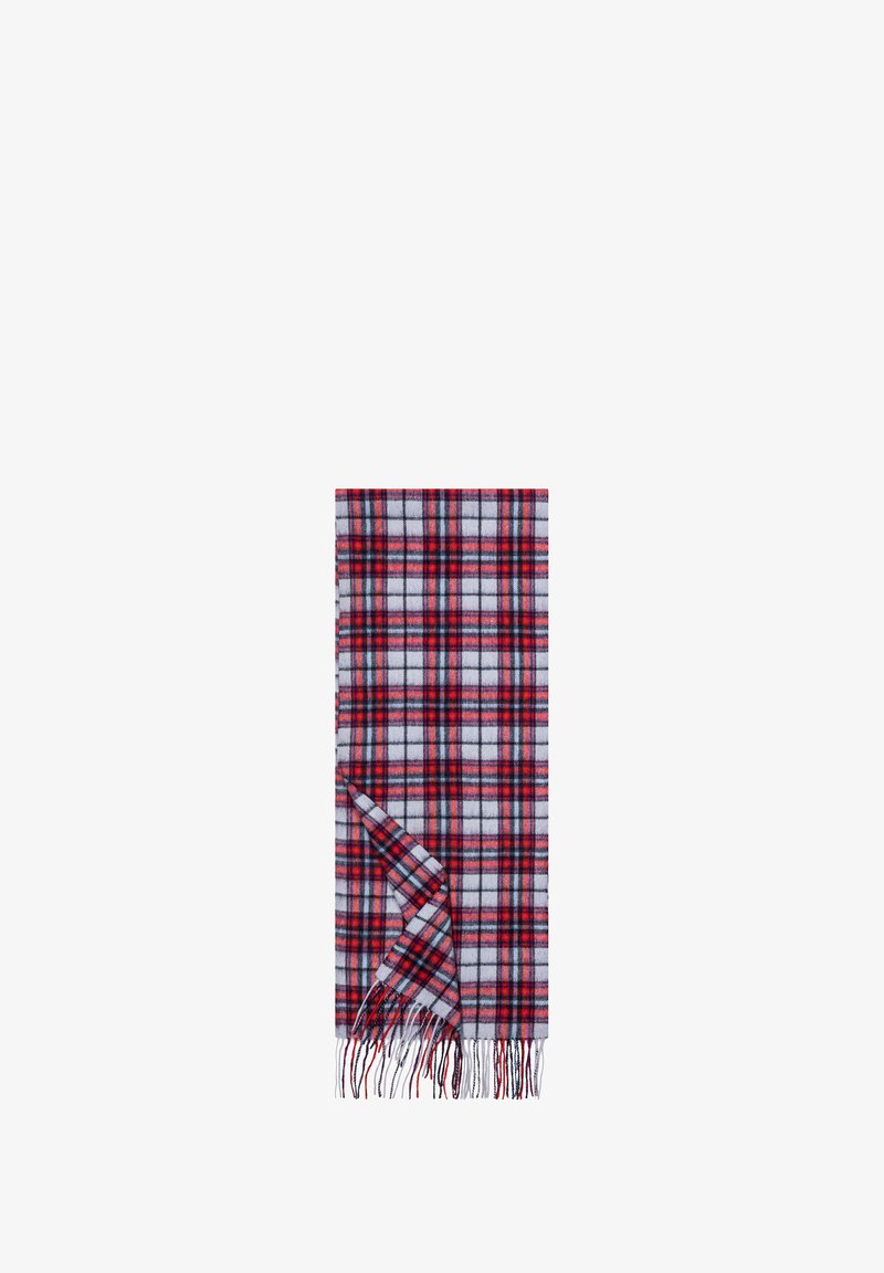 Red, black, and white plaid wool scarf with fringed ends, partially folded on a white background.