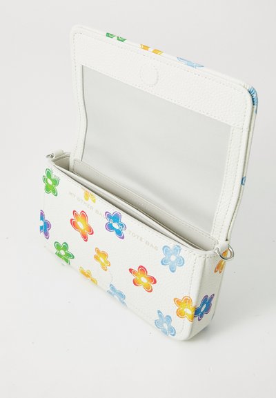 White leather tote bag with colorful flower print. Features a top flap closure and interior pocket, textured exterior for grip.